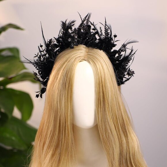 Black Flower Halo Crown - Handmade Gothic Floral Headband with Feather for Women - Picture 2 of 7